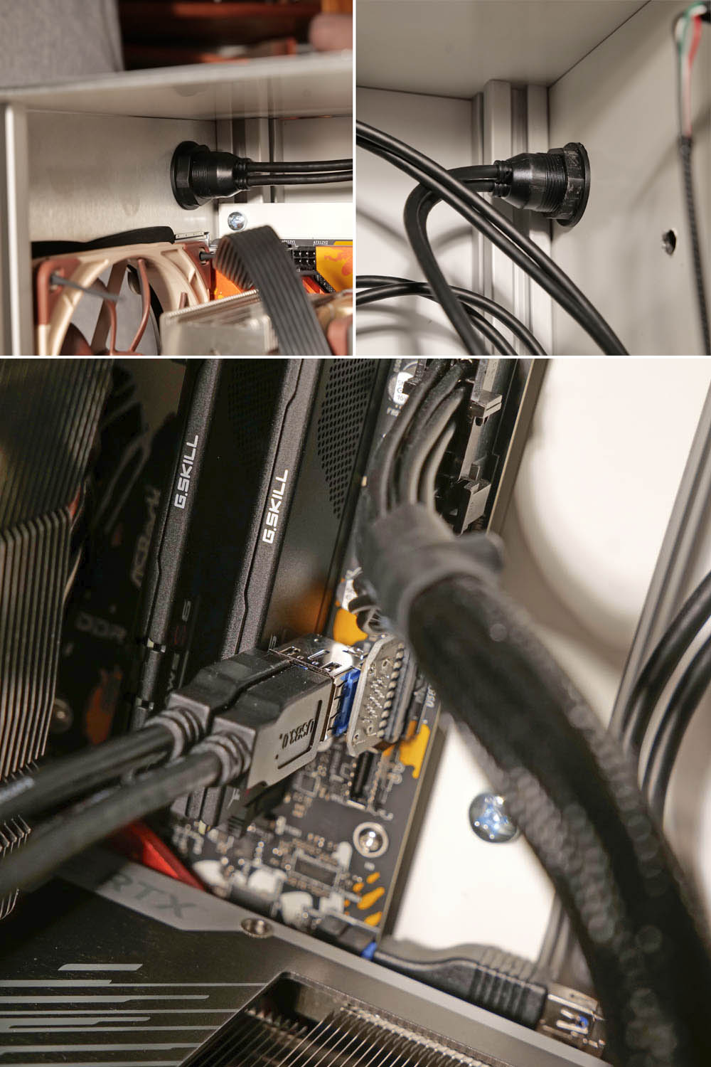 drei Fotos zeigen die Verlängerung eines internen USB-Anschlusses vom Mainboard zum Gehäuse
